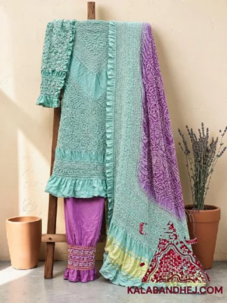 Mint Aqua Lilac Abha Bandhani 3-Piece Suit in Pure Gaji Silk