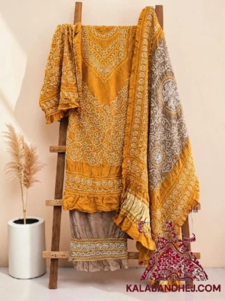 Mustered Beige Abha Bandhani 3-Piece Suit in Pure Gaji Silk