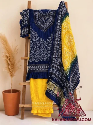 Blue Yellow Abha Bandhani 3-Piece Suit in Pure Gaji Silk