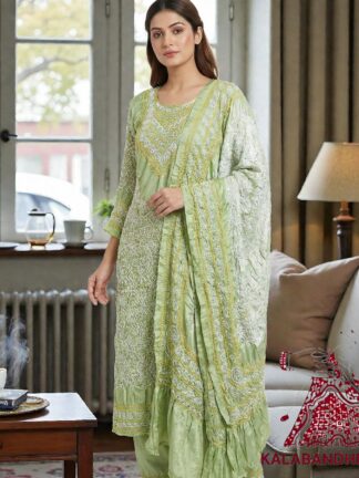 Saga Green Abha Pure Gaji Silk Bandhani Suit Designer