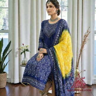 Blue Yellow Abha Pure Gaji Silk Bandhani Suit Designer Kutchi Work