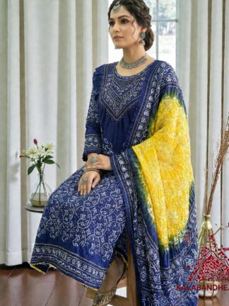 Blue Yellow Abha Pure Gaji Silk Bandhani Suit Designer Kutchi Work
