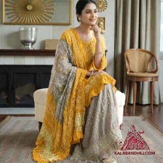 Mustered Grey Abha Pure Gaji Silk Bandhani Suit Designer