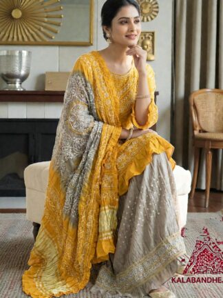 Mustered Grey Abha Pure Gaji Silk Bandhani Suit Designer