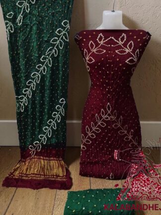 Marron Green Bandhani Ambadal Dress Material Pure Modal Silk