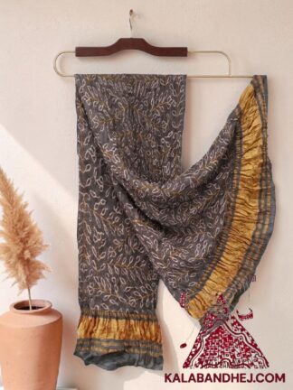 Grey Ambadal Bandhani Dupatta in Pure Gaji Silk