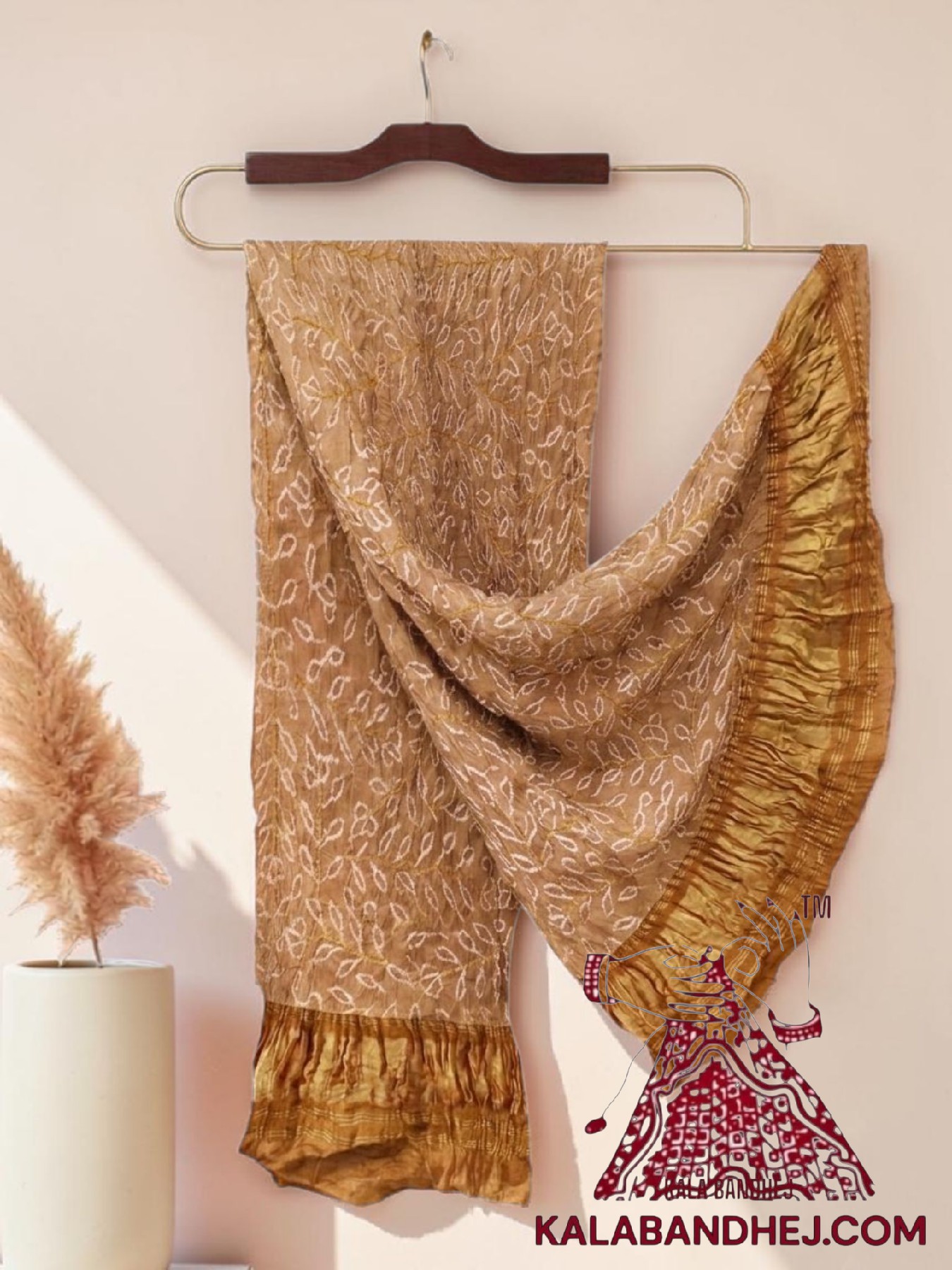 Beige Ambadal Bandhani Dupatta in Pure Gaji Silk