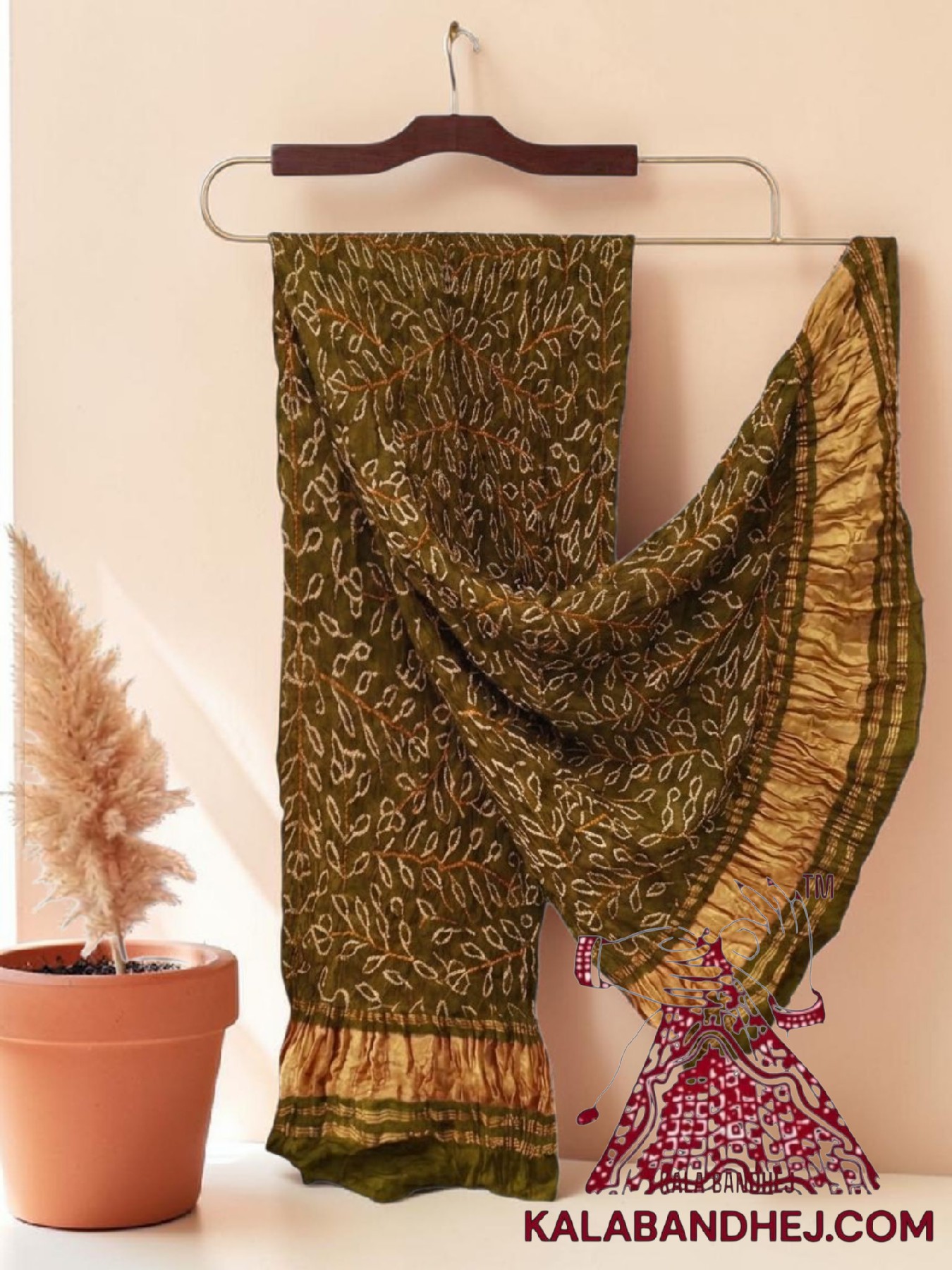 Olive Ambadal Bandhani Dupatta in Pure Gaji Silk