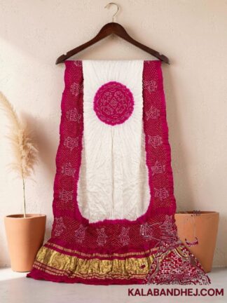Pink White Panetar Doll Motif Bandhani Dupatta in Pure Gaji Silk