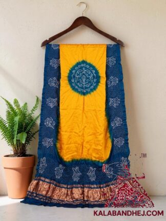 Golden Peacock Panetar Doll Motif Bandhani Dupatta in Pure Gaji Silk