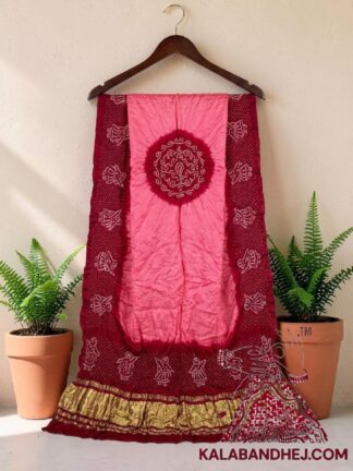 Pink Red Panetar Doll Motif Bandhani Dupatta in Pure Gaji Silk