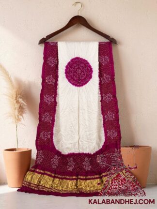 Magenta Bright White Panetar Doll Motif Bandhani Dupatta in Pure Gaji Silk