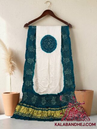 Peacock Blue White Panetar Doll Motif Bandhani Dupatta in Pure Gaji Silk