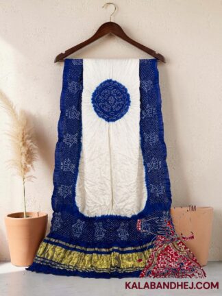 Blue White Panetar Doll Motif Bandhani Dupatta in Pure Gaji Silk