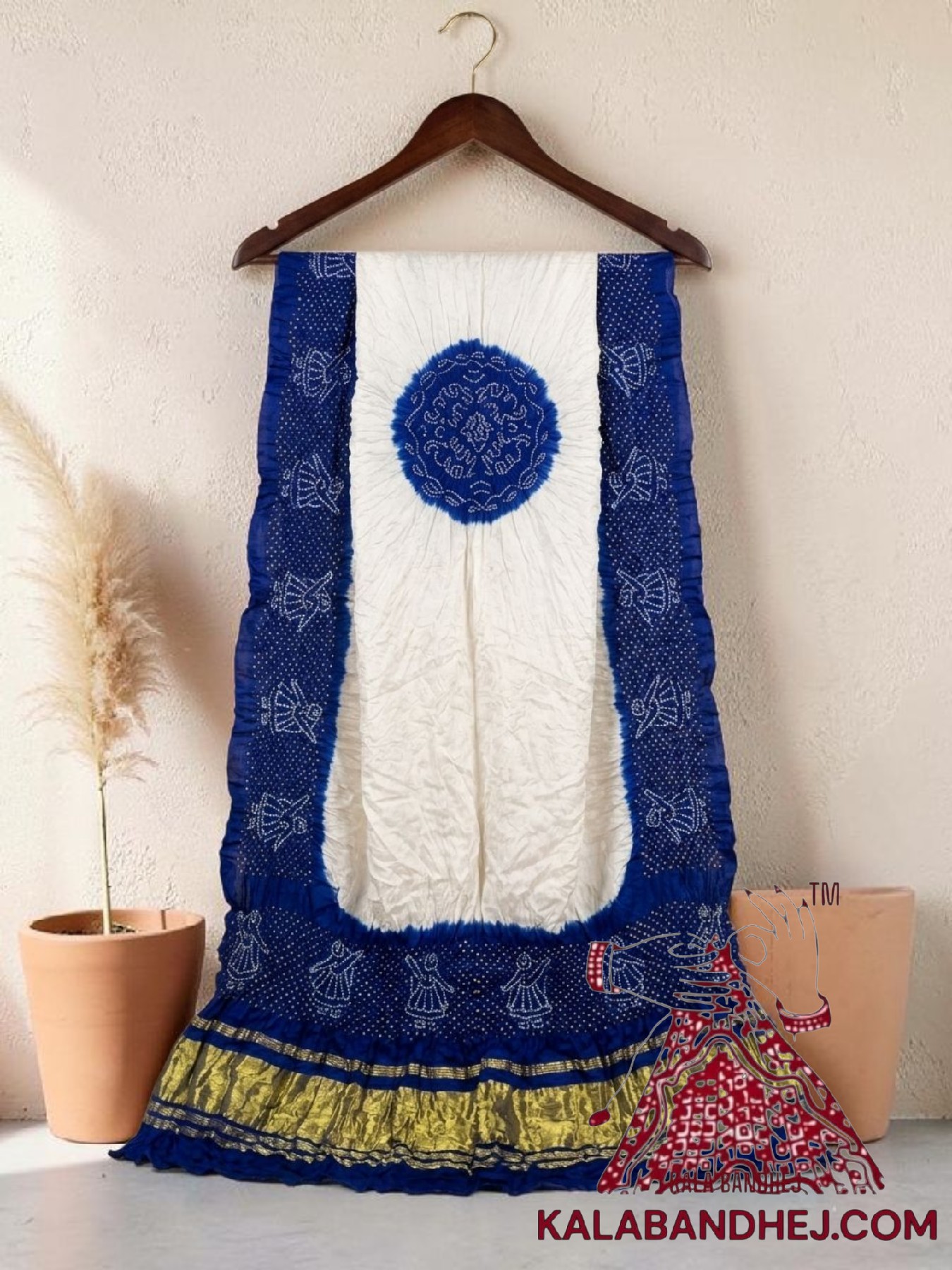 Blue White Panetar Doll Motif Bandhani Dupatta in Pure Gaji Silk