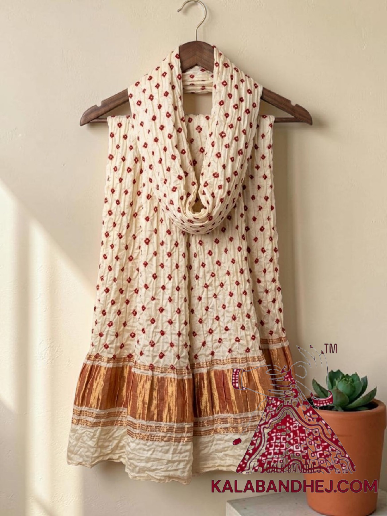 Off White Red Bandhani Dots Dupatta in Pure Modal Silk