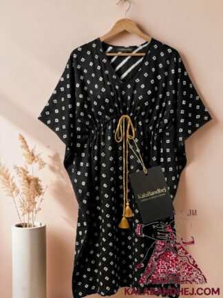 Black Bandhani Dots Kaftan in Pure Modal Silk