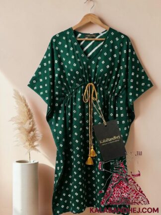 Green Bandhani Dots Kaftan in Pure Modal Silk