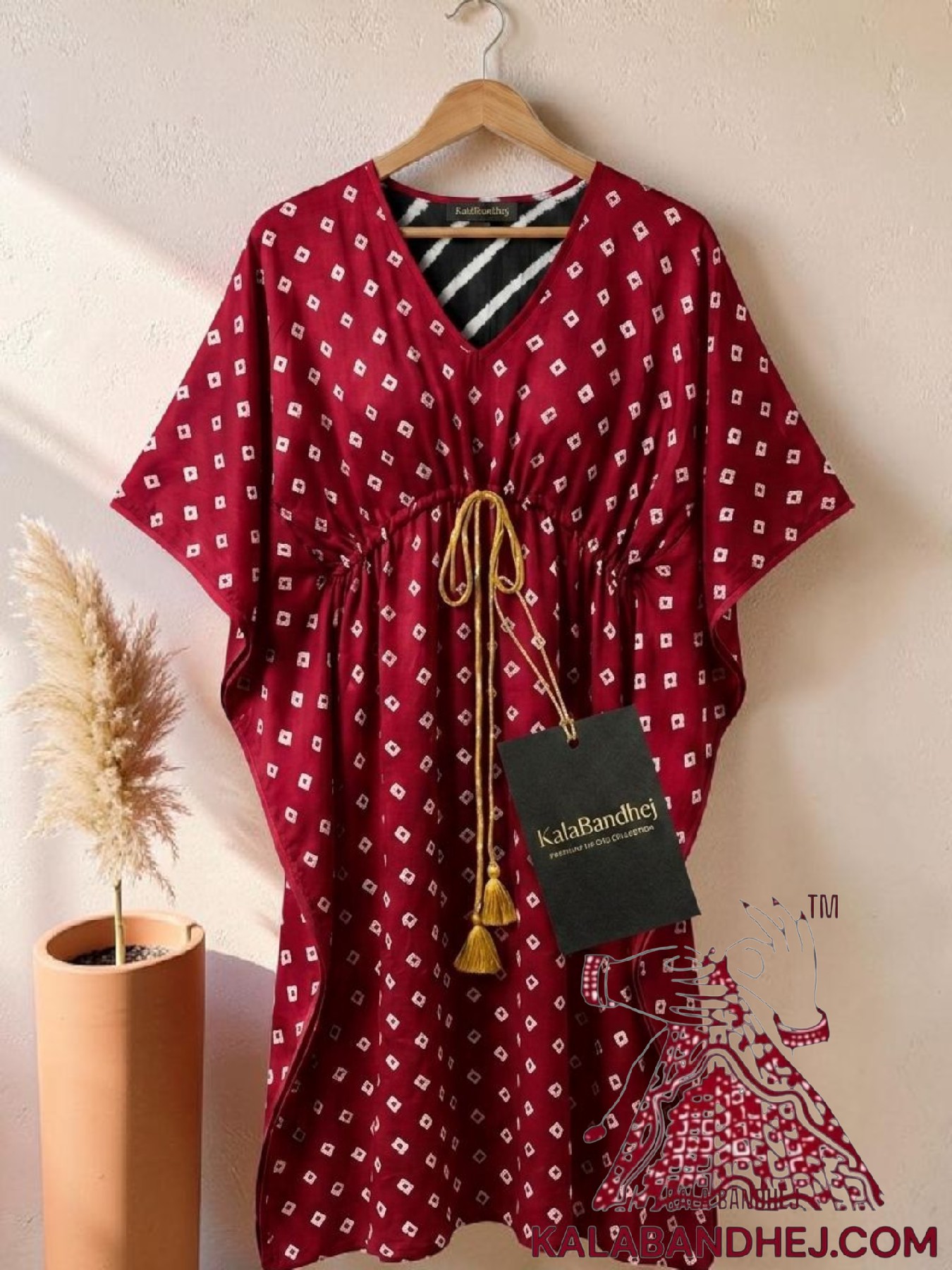 Red Bandhani Dots Kaftan in Pure Modal Silk