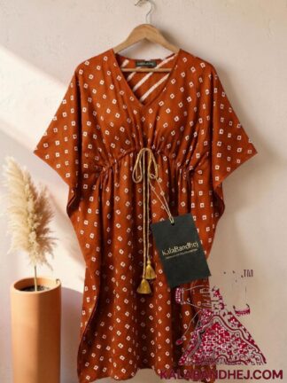 Rust Bandhani Dots Kaftan in Pure Modal Silk