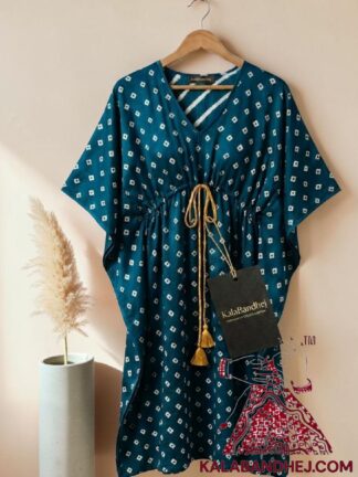 Peacock Blue Bandhani Dots Kaftan in Pure Modal Silk