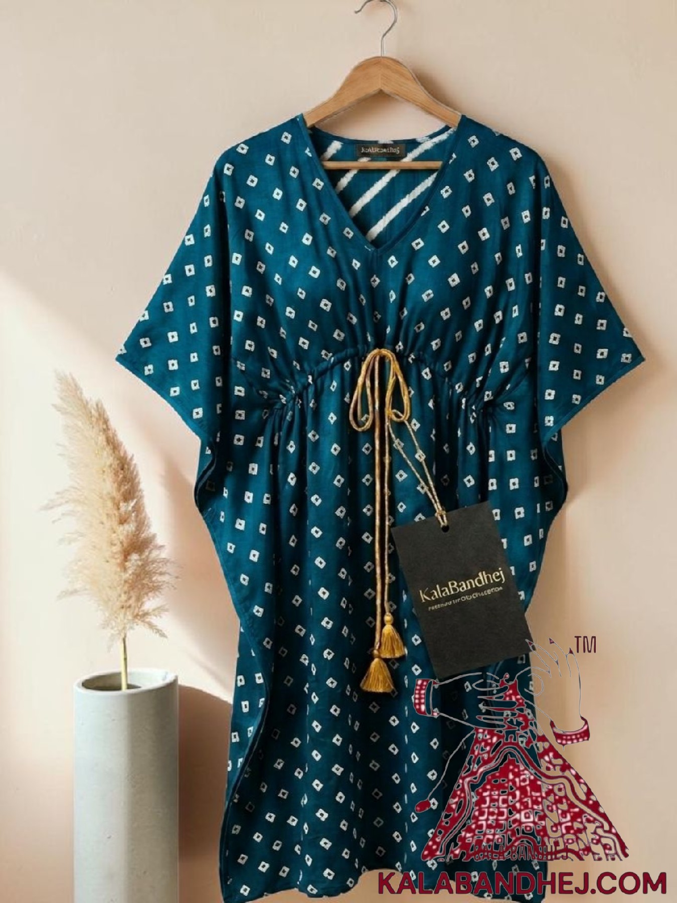 Peacock Blue Bandhani Dots Kaftan in Pure Modal Silk