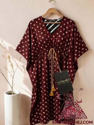 Marron Dark Bandhani Dots Kaftan in Pure Modal Silk