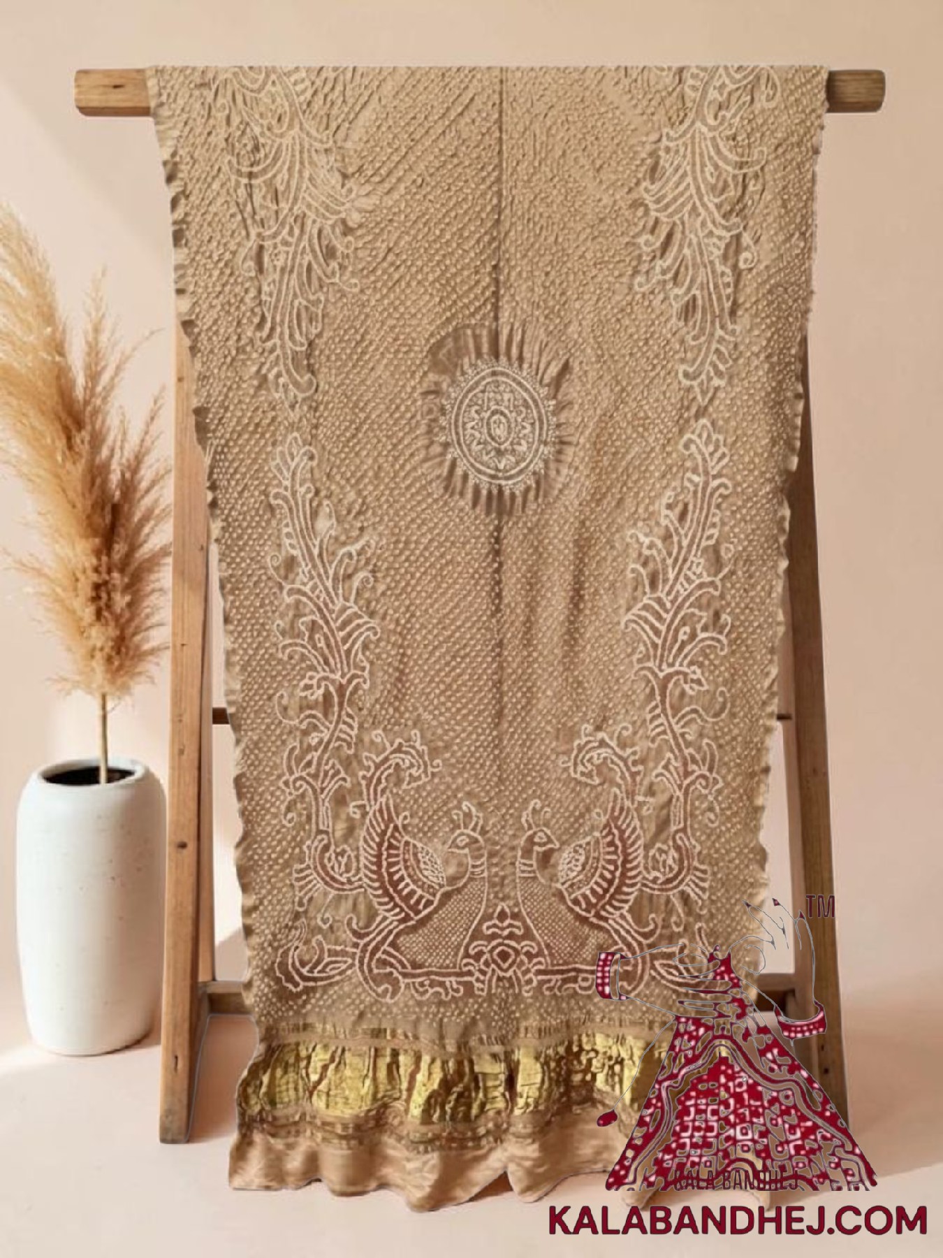 Beige Morlo Bandhani Dupatta in Pure Gaji Silk