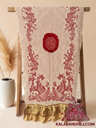 Off White Morlo Red Bandhani Dupatta in Pure Gaji Silk