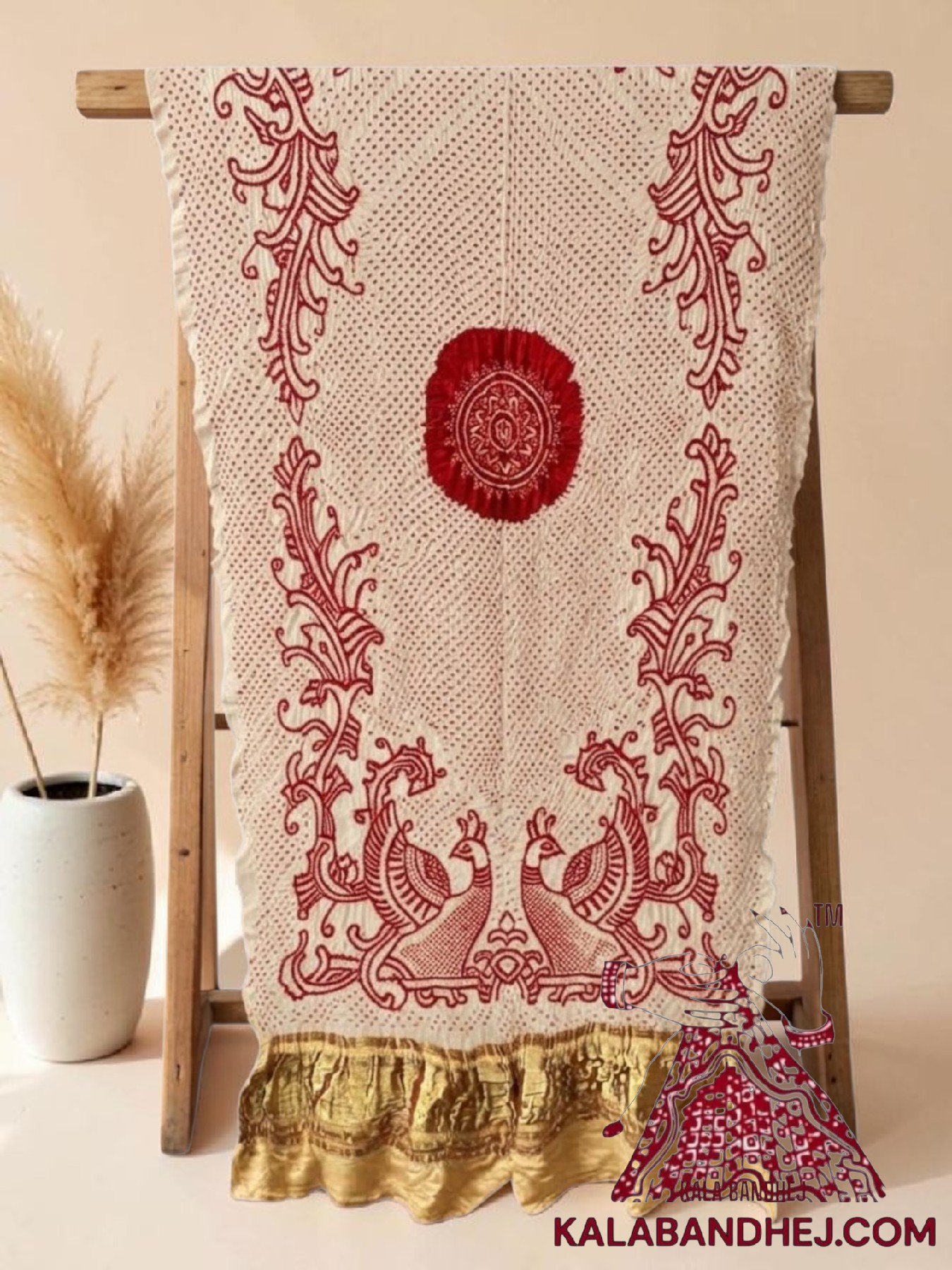 Off White Morlo Red Bandhani Dupatta in Pure Gaji Silk