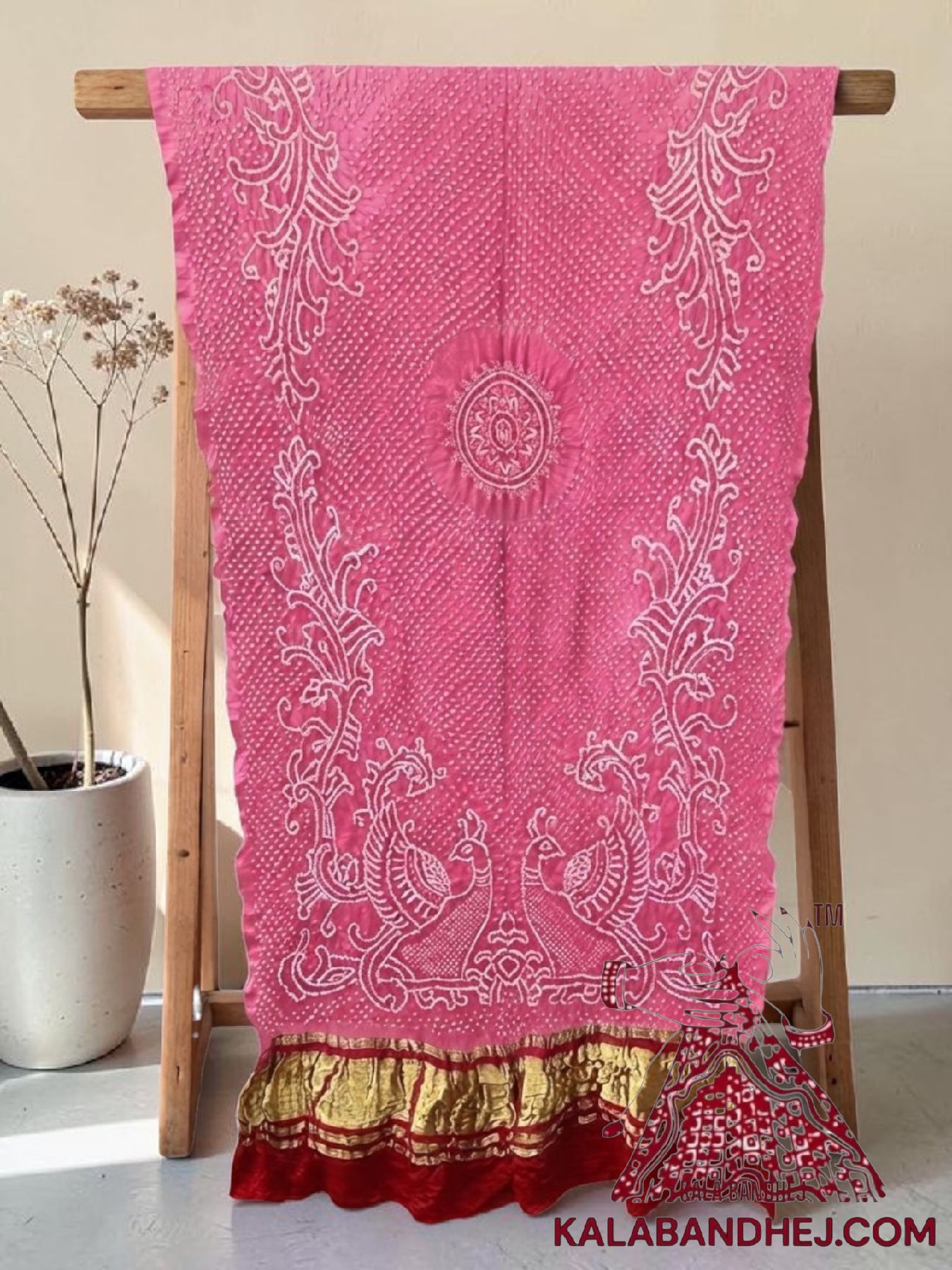 Pink Red Morlo Bandhani Dupatta in Pure Gaji Silk