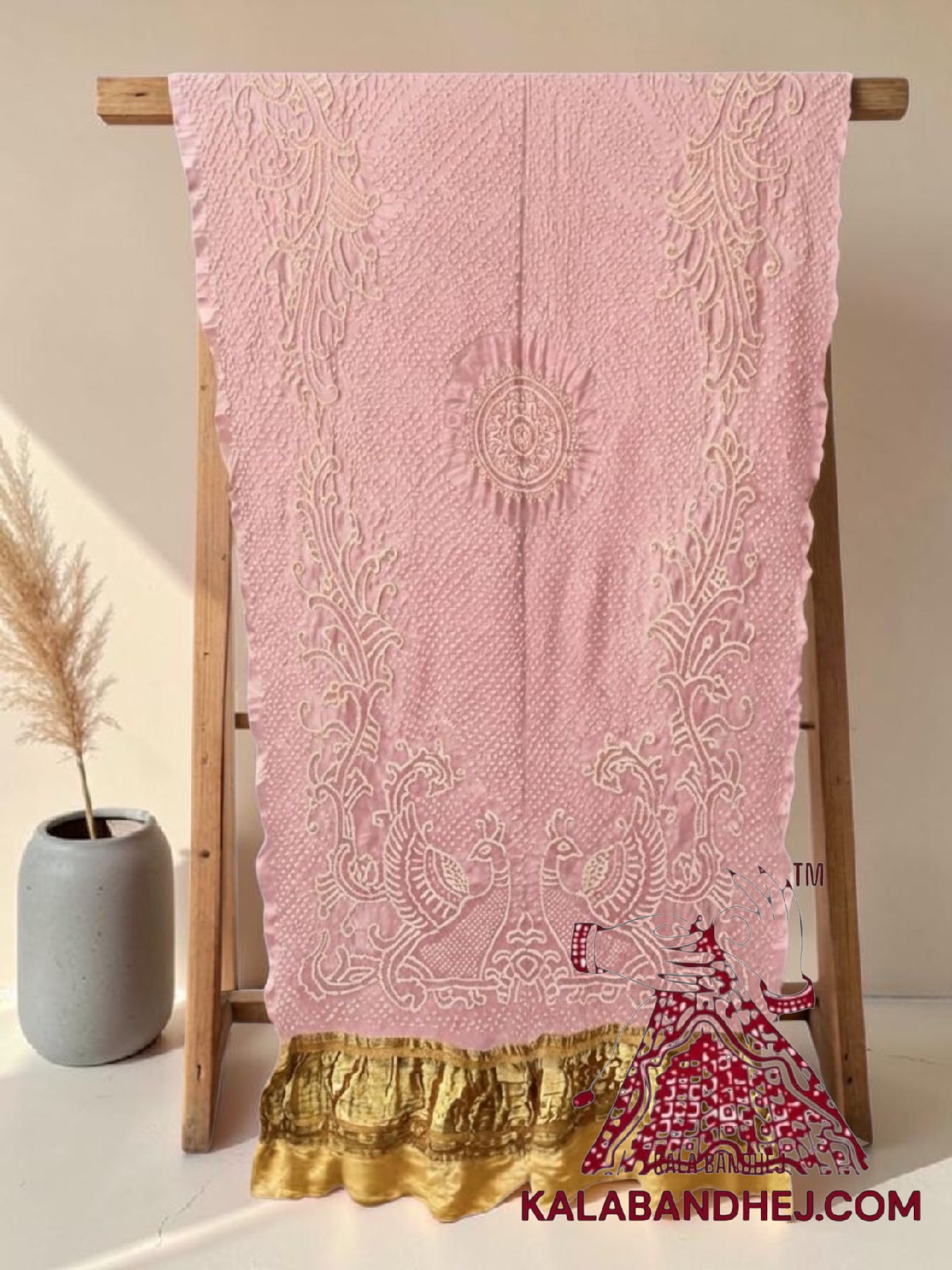 Baby Pink Yellow Morlo Bandhani Dupatta in Pure Gaji Silk