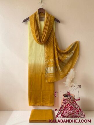 Mastured Yellow Ombre Unstitched Dress Material in Modal Silk with Bandhani Dupatta