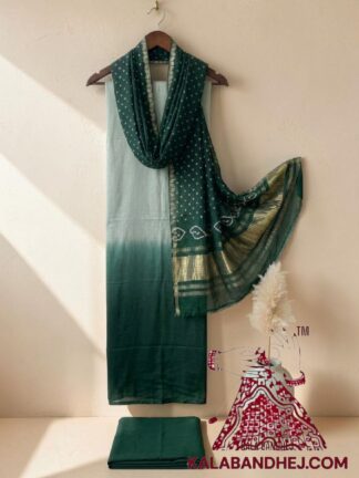 Green Ombre Unstitched Dress Material in Modal Silk with Bandhani Dupatta