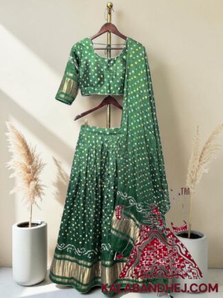 Ombre Green Bandhani Chaniya Choli with Gold Zari Lagdi Patta Border