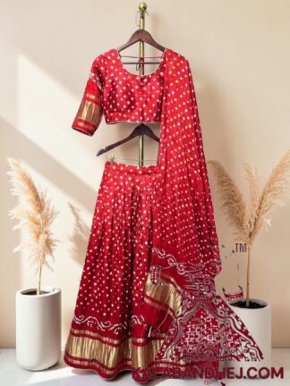 Ombre Red Bandhani Chaniya Choli with Gold Zari Lagdi Patta Border