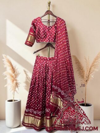 Ombre Marron Bandhani Chaniya Choli with Gold Zari Lagdi Patta Border