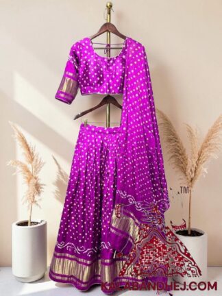 Ombre Magenta Bandhani Chaniya Choli with Gold Zari Lagdi Patta Border