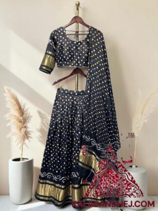 Ombre Black Bandhani Chaniya Choli with Gold Zari Lagdi Patta Border