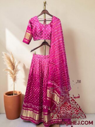 Ombre Pink Bandhani Chaniya Choli with Gold Zari Lagdi Patta Border