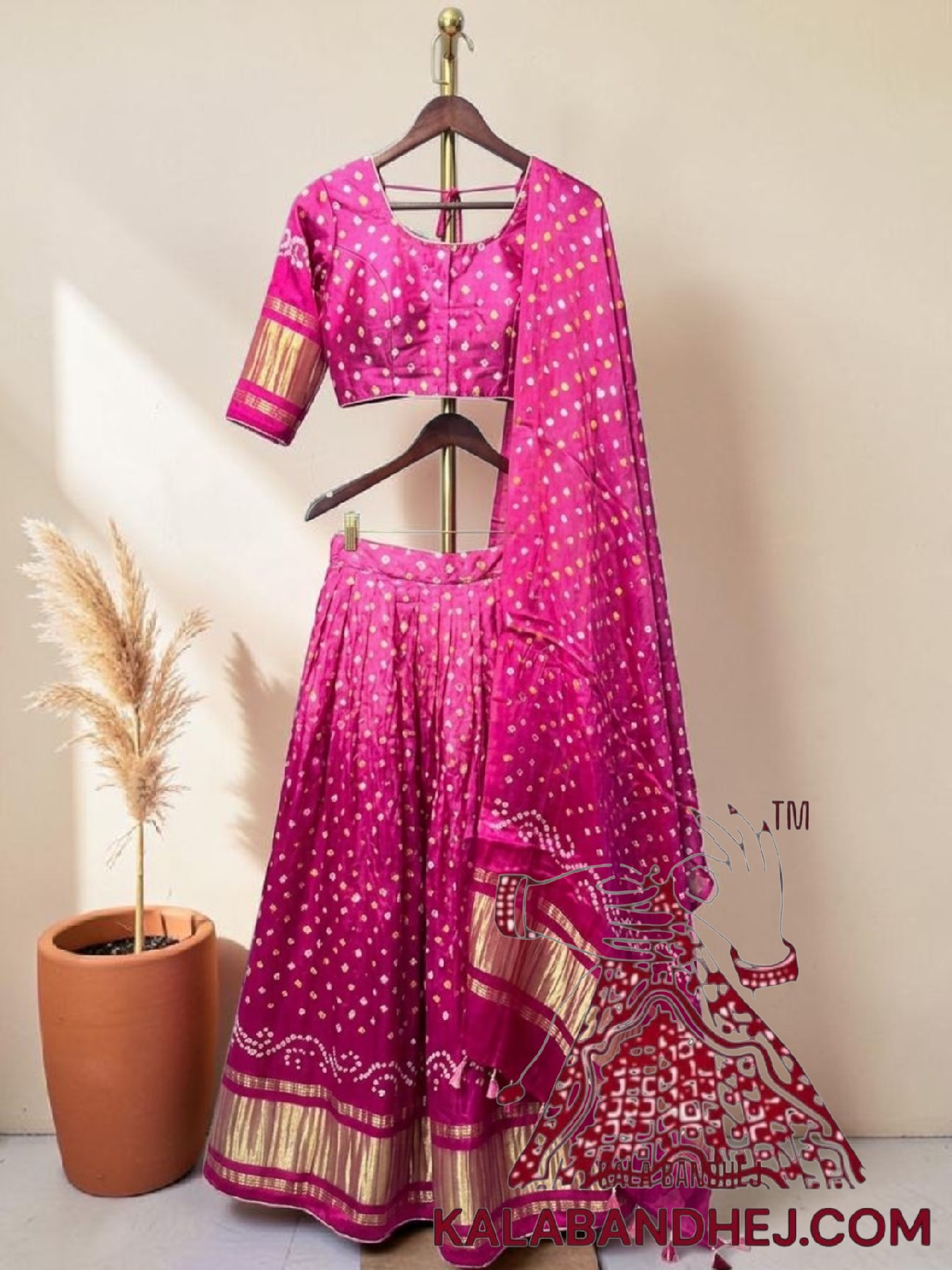 Ombre Pink Bandhani Chaniya Choli with Gold Zari Lagdi Patta Border