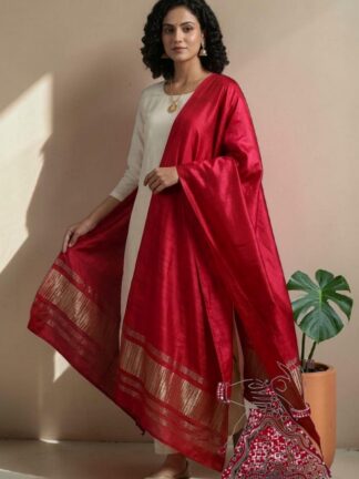 Red Plain Dupatta with Lagdi Patta in Pure Modal Silk
