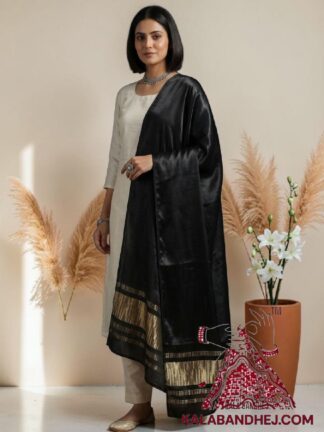 Black Plain Dupatta with Lagdi Patta in Pure Modal Silk