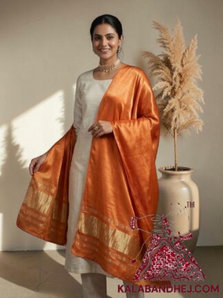 Orange Plain Dupatta with Lagdi Patta in Pure Modal Silk