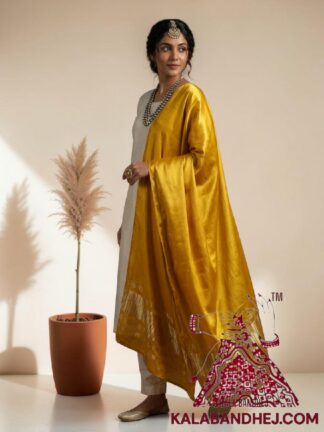 Mastard Yellow Plain Dupatta with Lagdi Patta in Pure Modal Silk