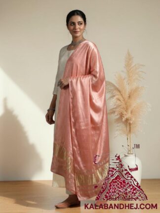 Peach Plain Dupatta with Lagdi Patta in Pure Modal Silk