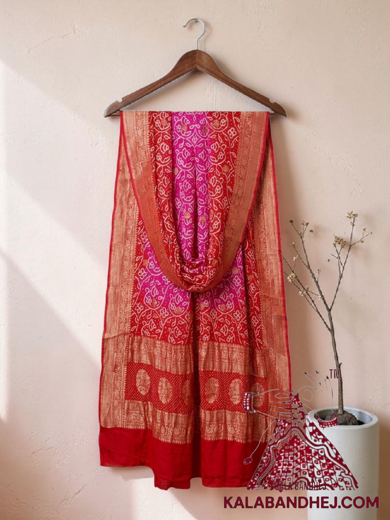 Red Pink Bridal Shikari Rai Bandhani Pure Georgette Silk Dupatta