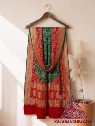 Blood Red Green Bridal Shikari Rai Bandhani Pure Georgette Silk Dupatta
