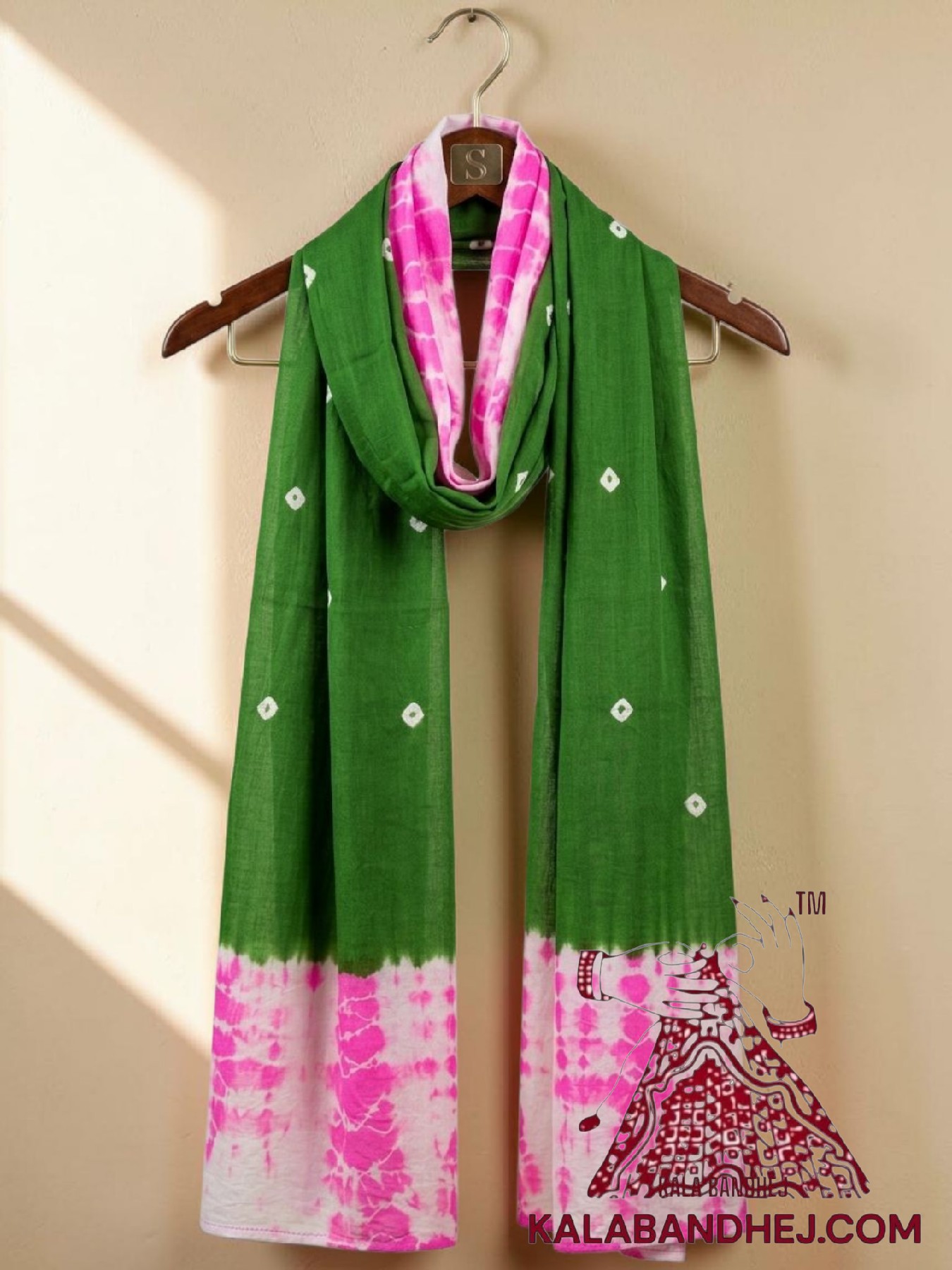 Pink Green Artisanal Shibori Bandhej Stole in Luxurious Pure Modal Silk