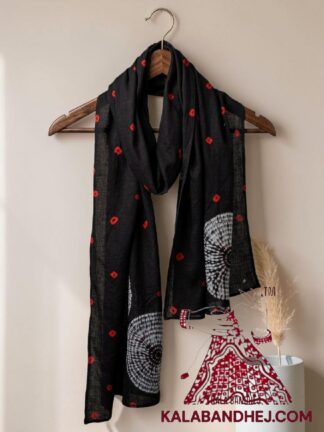 Black Artisanal Shibori Red Bandhani Stole in Luxurious Pure Modal Silk